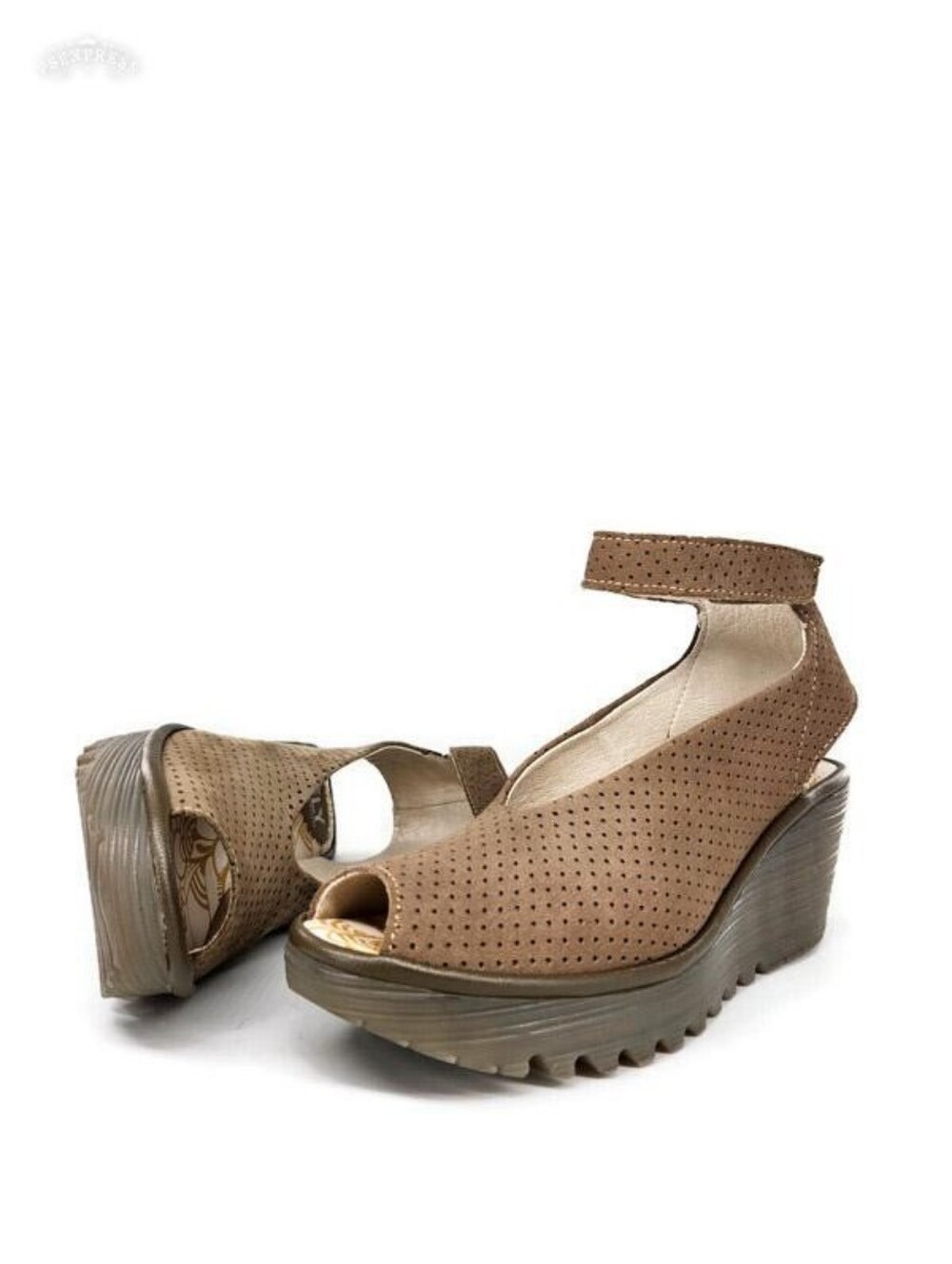 Fly London Yala Taupe Perforated Leather Ankle Strap Peep-Toe Wedge Heel Sandals